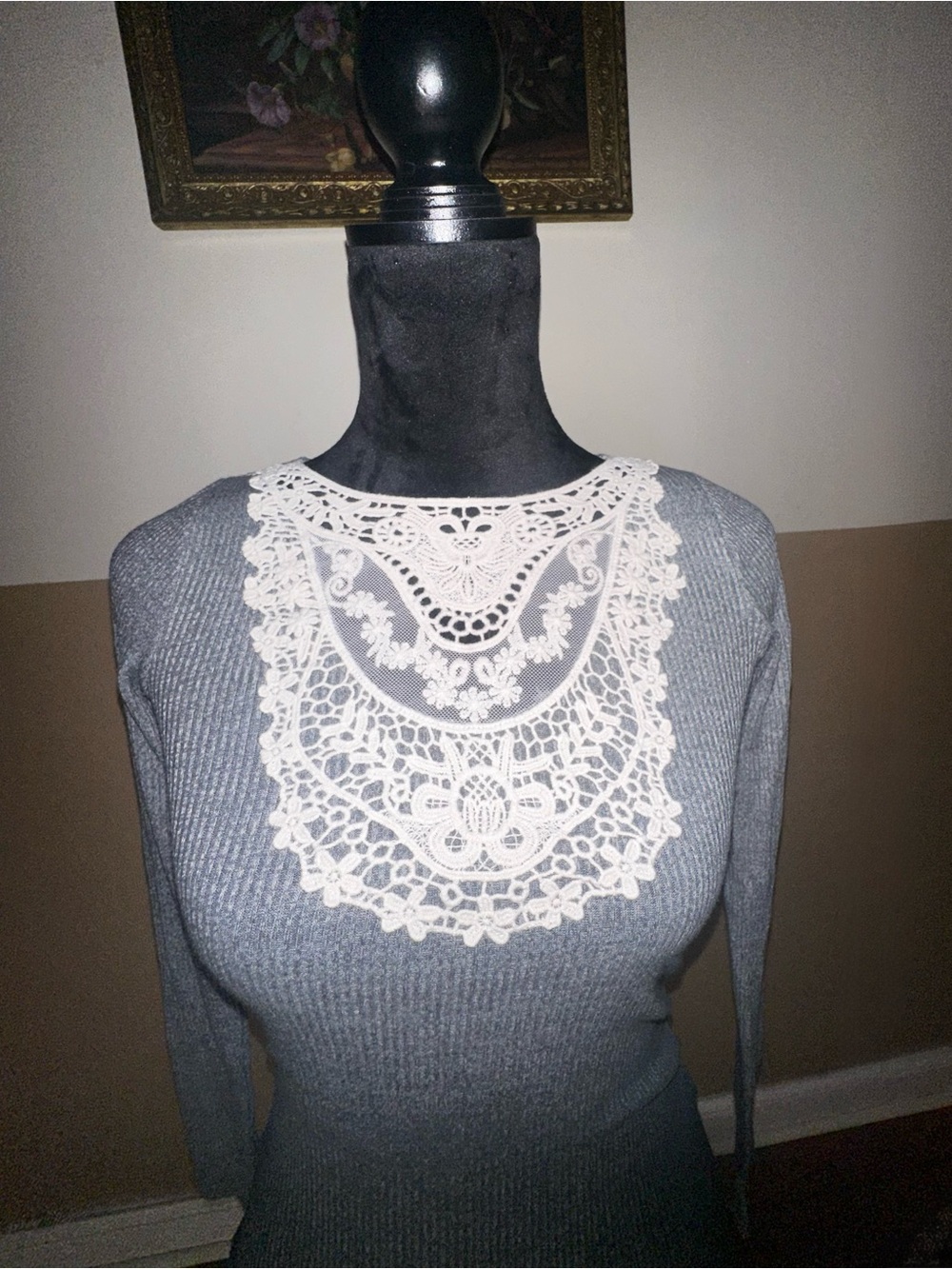 Gray Women's Ribbed Sweater with White Lace